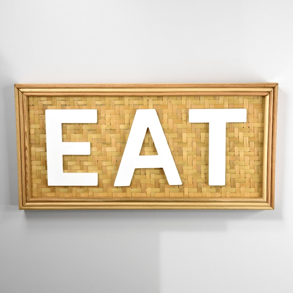 Eat Wall Decor Sign, 24 Inch Brown Wood Background, White Woven