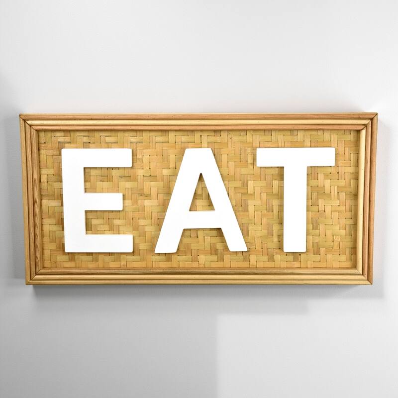 Eat Wall Decor Sign, 24 Inch Brown Wood Background, White Woven