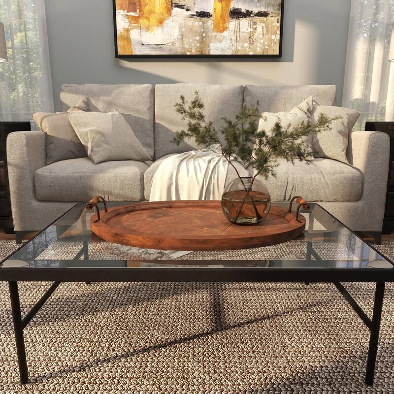 Brown Wood Large Oval Living Room Decor Tray with Scroll Metal Handles