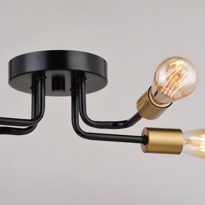 Rhine 15.75-in W LED Compatible Matte Black and Gold Brass Industrial Semi Flush Mount Ceiling Light Exposed Bulbs