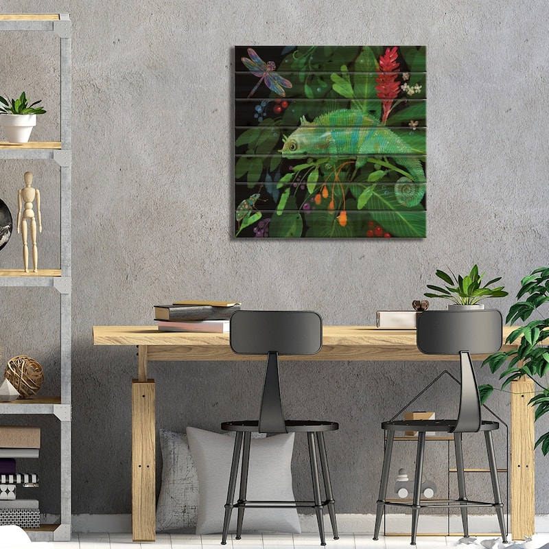 Green Chameleon Print On Wood by Thomas Little - Multi-Color