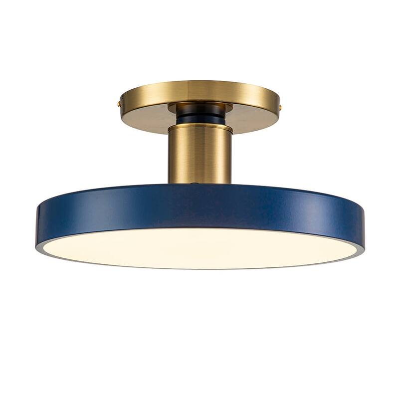 Modern Brass Blue Round LED Semi Flush Ceiling Light 15.7in