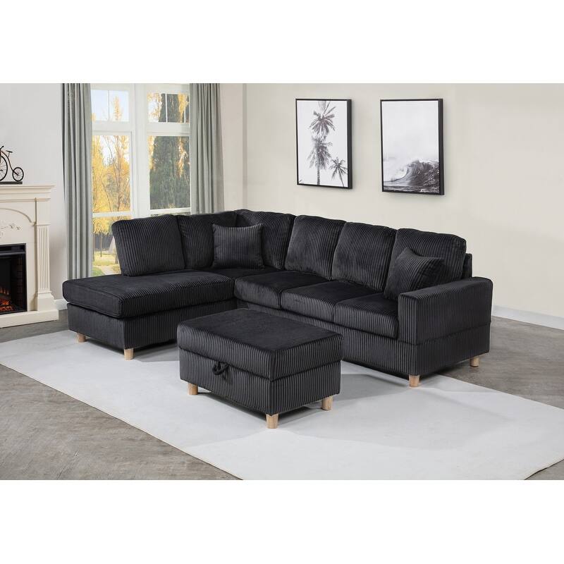 Best Quality Furniture 3-Piece Sectional - 7'9" x 10'6" - Black w/Ottoman - 3 Piece