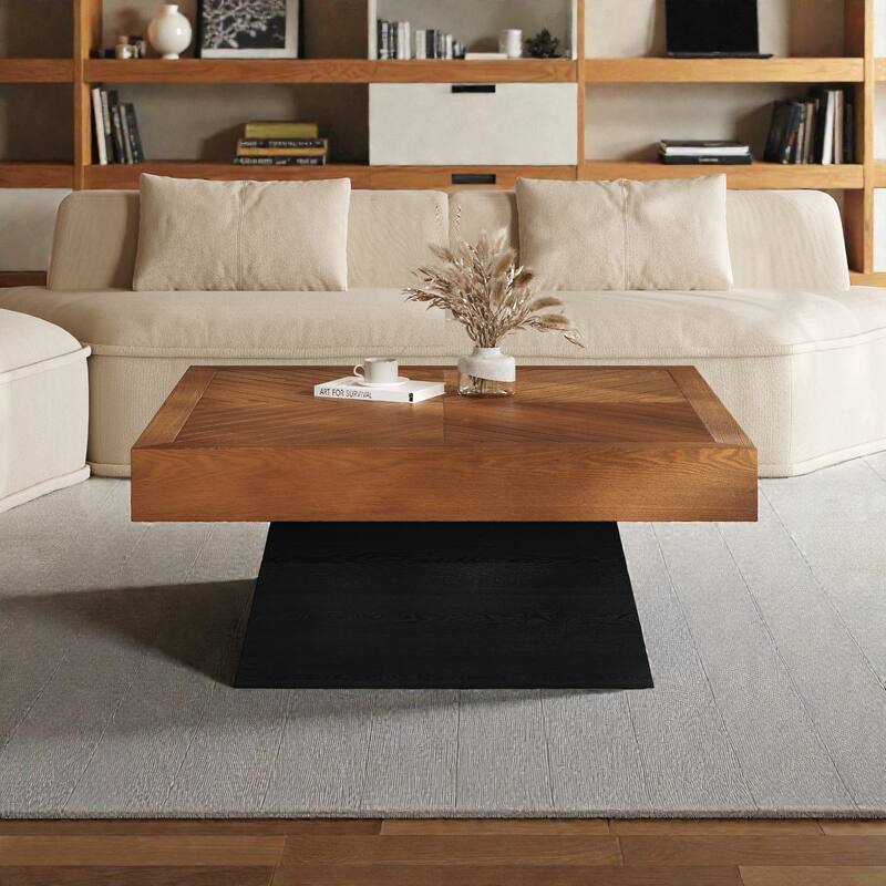 Modern Square Coffee Table 31.5 Inch, Brown Wood Grain Top with Black Base, Mid-Century Farmhouse Center Table