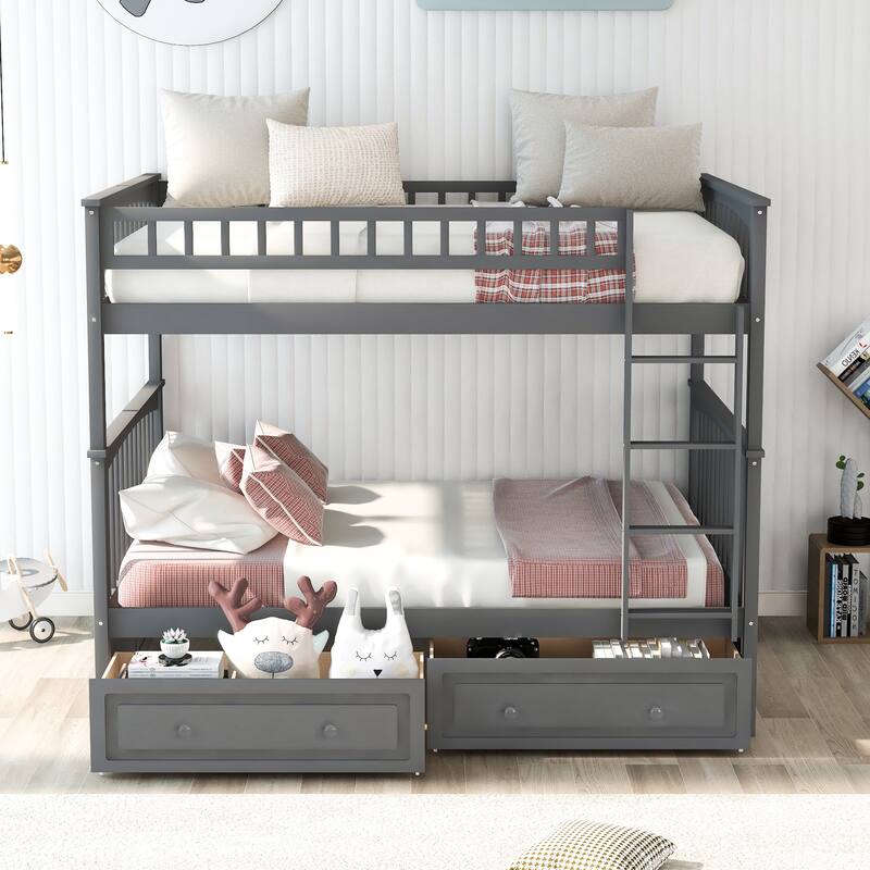 Full Over Full Bunk Bed with Drawers & Ladder, Soild Wood Bunkbed Frame