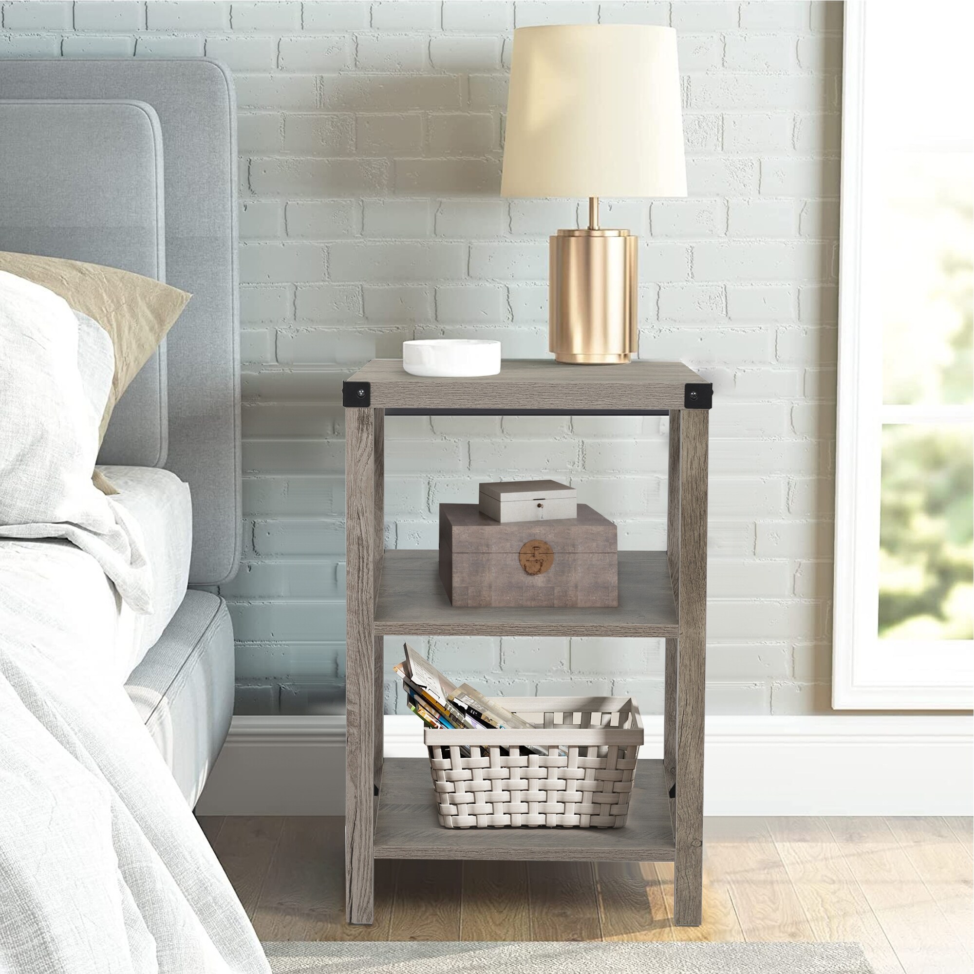 3Tier Storage Nightstands with XShaped Metal Support for Bedroom