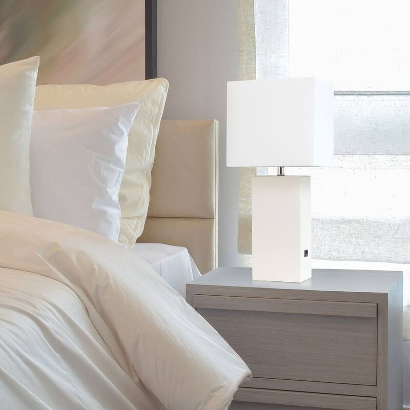 Modern Leather Table Lamp with USB and White Fabric Shade