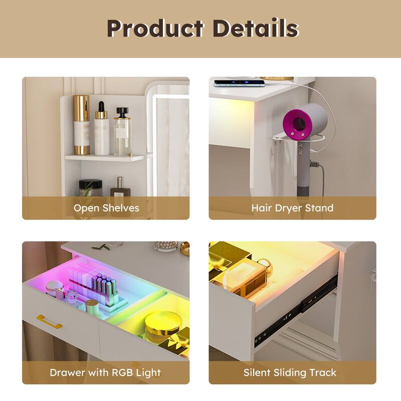 Small Vanity Desk with LED Lights Mirror & Power Outlet,Vanity Table Set with Drawers & Chair, 3 Lighting Modes