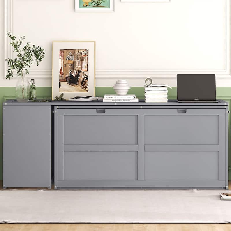 Grey Queen Murphy Bed with Rotating Desk and Shelves - Pine Wood and MDF Space-Saving Design