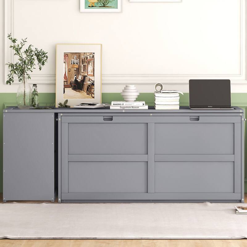 Solid Wood Queen Size Murphy Bed with Rotable Desk, Hidden Wall Murphy Bed Frame w/Slats Support for Bedroom/Apartment