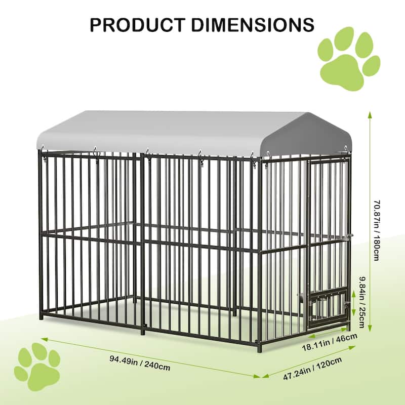 Large Outdoor Dog Kennel with Roof, Heavy Duty Metal Cage, Feeding Bowl & Lock