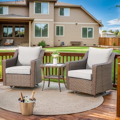 3 Pieces Wicker Swivel Rocking Chairs with Side Table - Brown