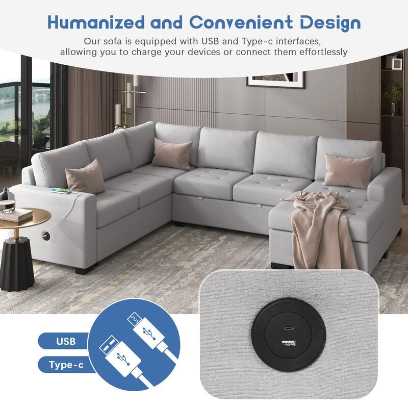108.3-In Modern U Shape Sectional Sofa,Upholstered Sleeper Sofa with Chaise,Charging Station