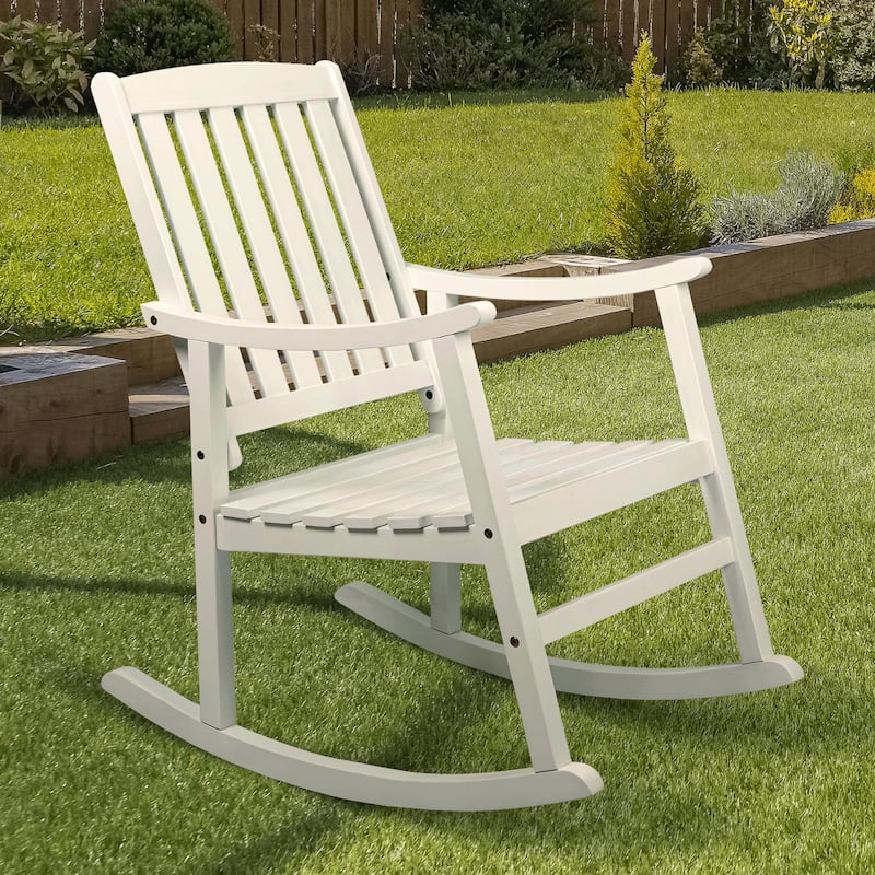 Perry Classic Slat-Back 300-Lbs Support Acacia Wood Patio Outdoor Rocking Chair, by JONATHAN Y - 22.4" - White