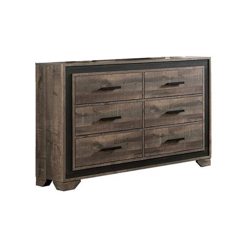 Nny 58 Inch Wide Dresser with 6 Drawers, Black Handles, Brown Wood Finish