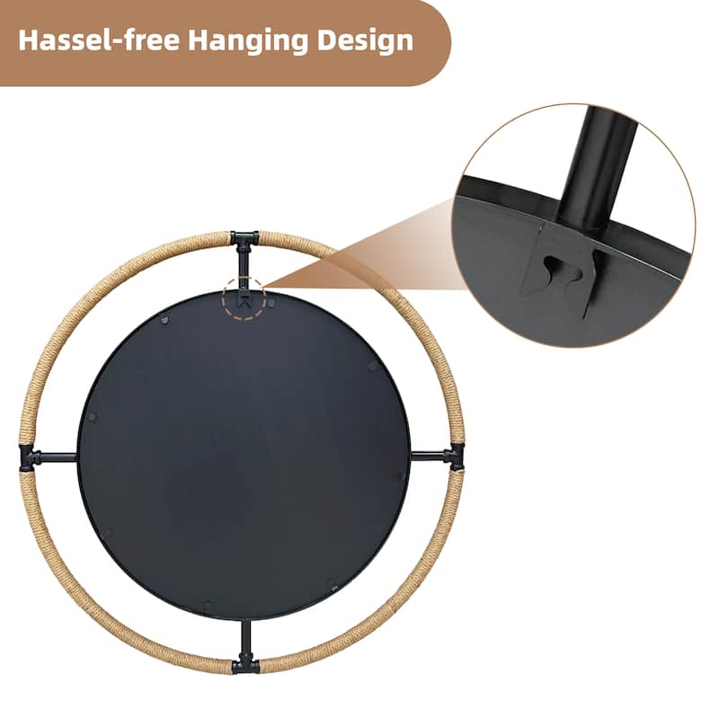 Coastal Rope & Iron Round Wall Mirror Hanging Decor for Living Room - 32"X32"