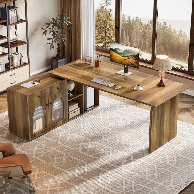 L Shaped Desk, 71-Inch Executive Office Desk with File Cabinet