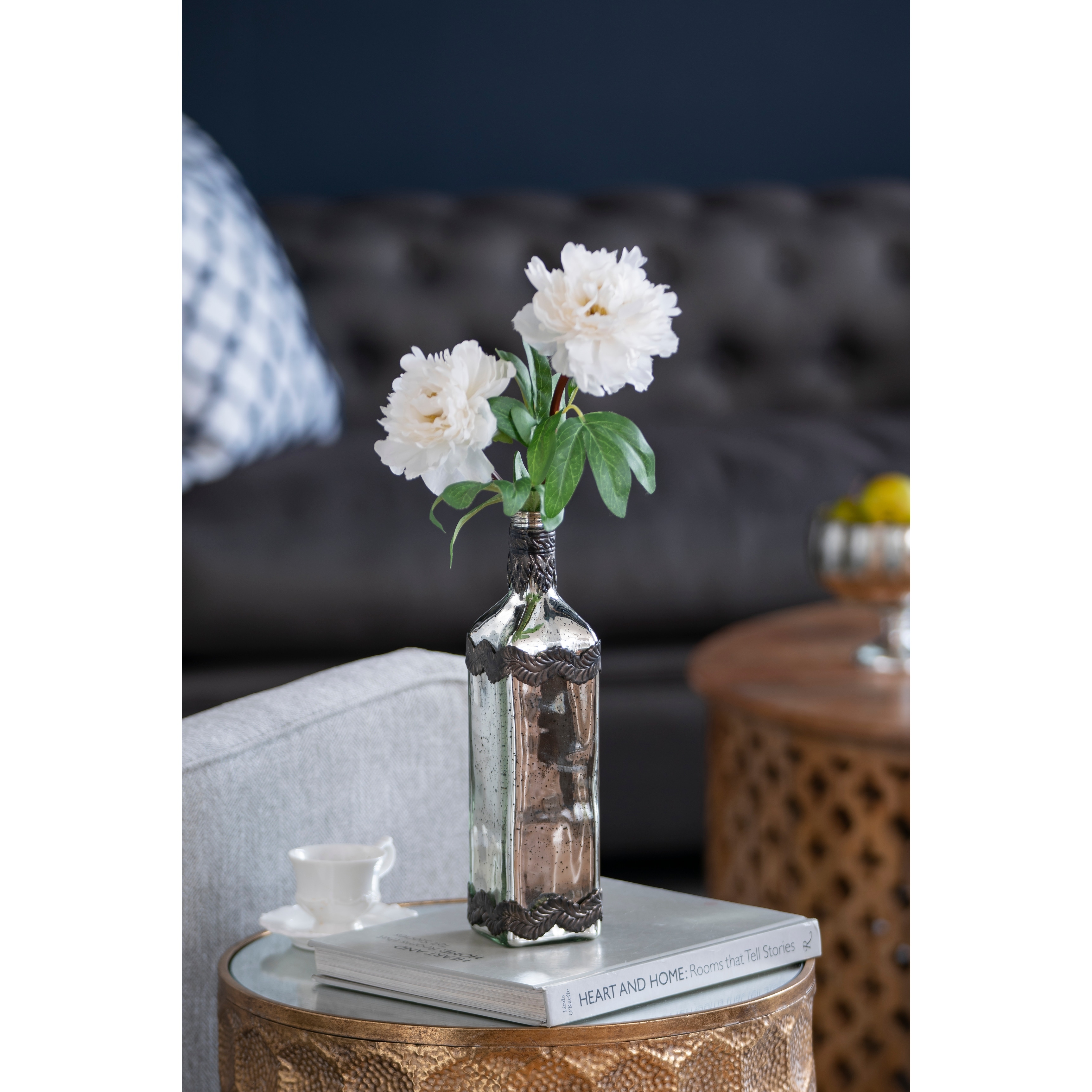 D3X12" Antique Silver Decorative Glass Bottle Vase With Bronze Leaf Accents