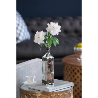 D3x12" Antique Silver Decorative Glass Bottle Vase with Bronze Leaf Accents