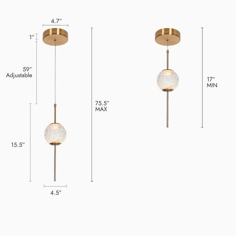 Modern Glam LED 1-Light Gold Pendant Light for Kitchen Island Dining Room - D4.5" x H75.5" Max