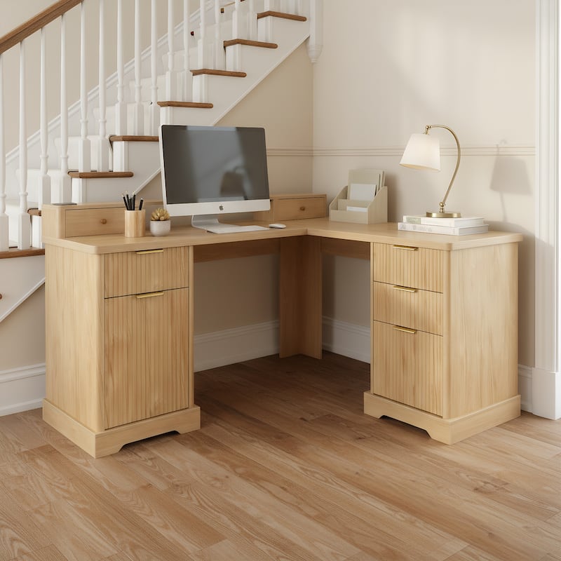 Roomfitters 59" Modern Fluted L-Shaped Desk with Charging Station, Monitor Stand & File Drawer - Natural Wood