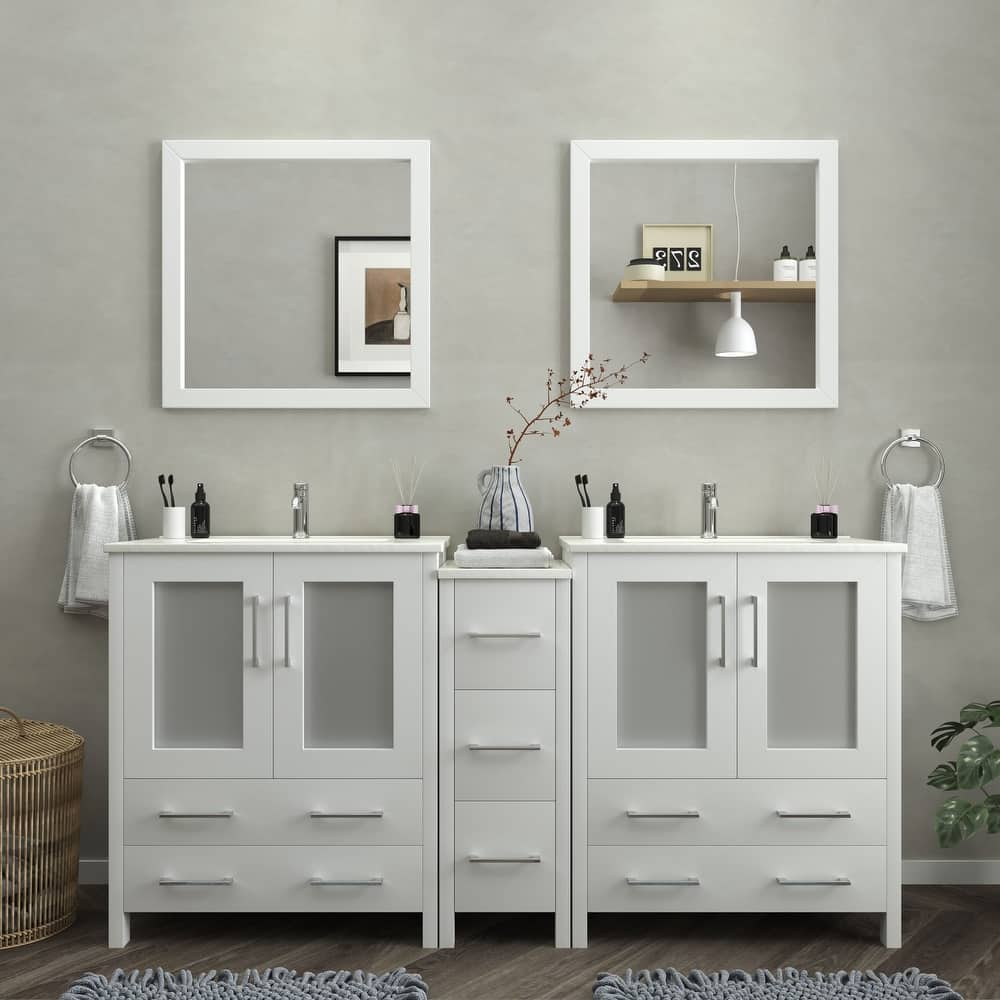 Vanity Art 72" Double Sink Bathroom Vanity Set 7 Dove-Tailed Drawers, 3 Cabinets, 2 Shelves, Soft-Closing Doors with Free Mirror