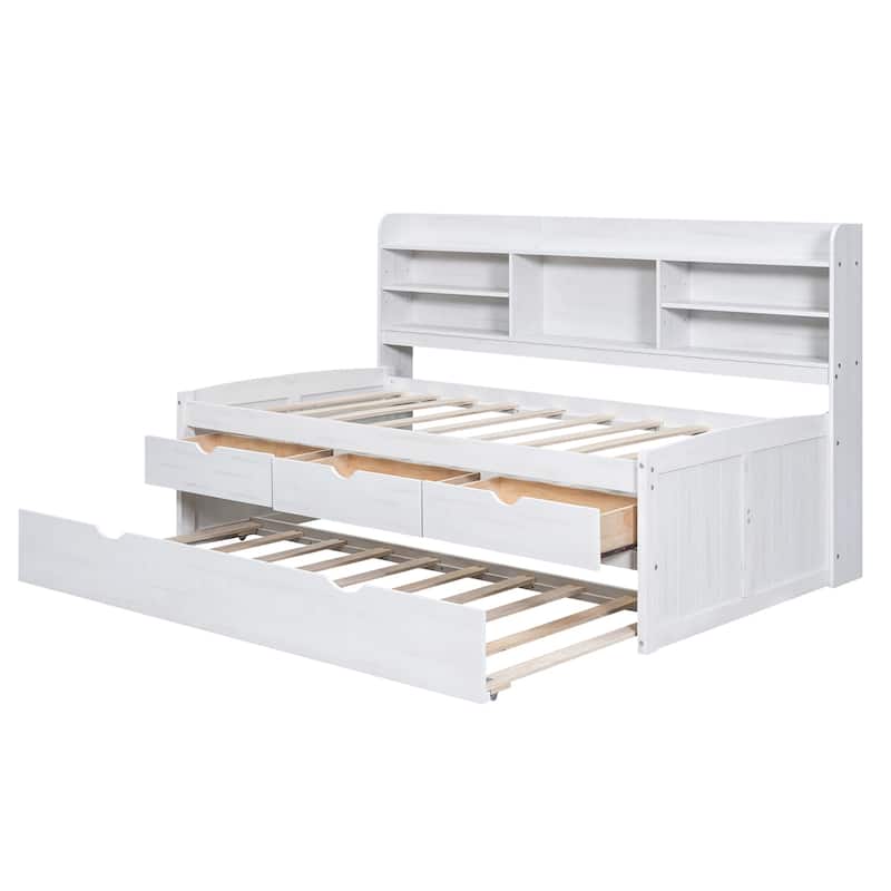 Twin Size Wooden Bed with Built-in Bookshelves,3 Drawers and Trundle