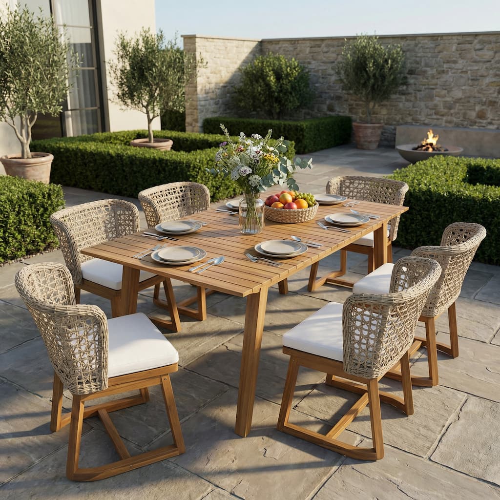Christopher Knight Home - Outdoor Acacia Wood 7-Piece Dining Set with Wicker Dining Chairs & 69" Solid Wood Dining Table