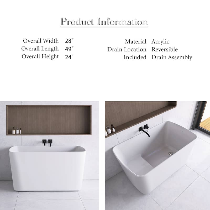49 in. W x 24 in. H Acrylic Freestanding Soaking Seat-in Double Slipper Bathtub with Overflow and Drain in White