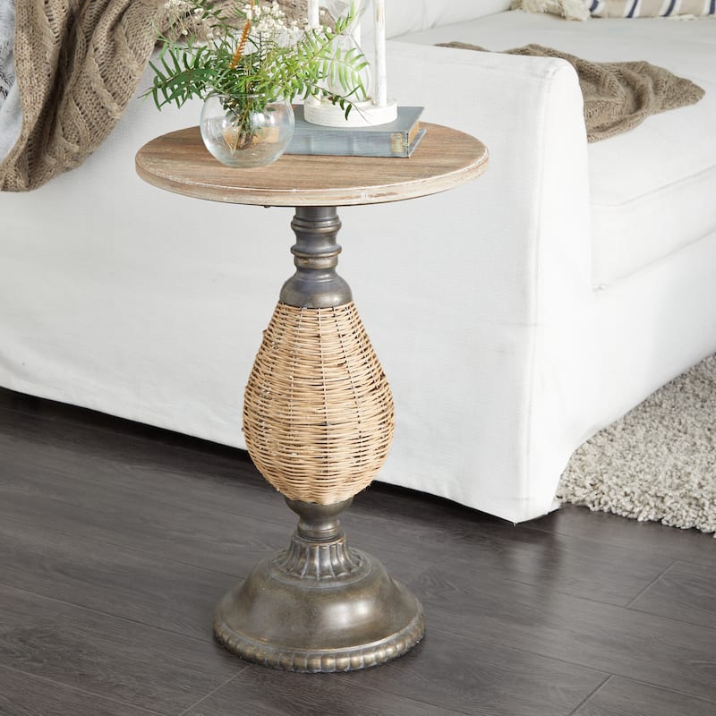 Brown or White Wood Farmhouse Accent Table with Black Metal and Rattan Base - 15"L x 15"W x 22"H