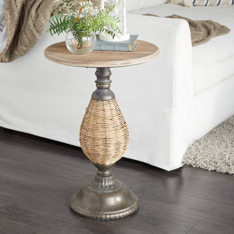 Wood Accent Table with Black Metal and Rattan Base - Brown - Roche River Decor