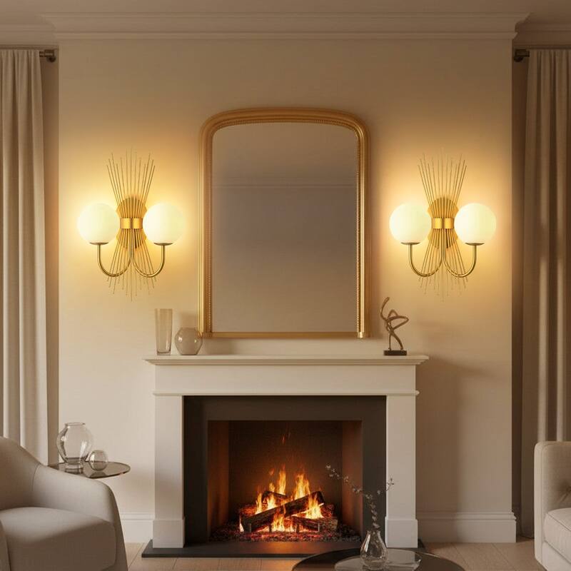 18.9" W 2-Light Mid-Century Modern Brushed Gold Sunburst Sputnik Wall Sconce with Milk Glass Globes