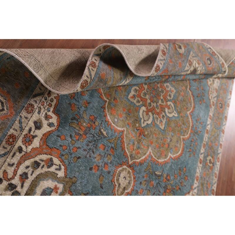Over-Dyed Blue Tabriz Vintage Area Rug Handmade Wool Carpet - 6'5" x 9'5"