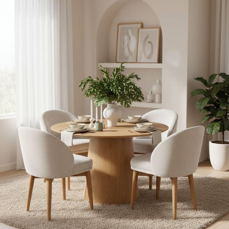 Upholstered Barrel Dining Chair With Oak Solid Wood Legs (Set of 4) - Beige