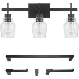 Bunbury 5-Piece All-in-One Bathroom Set, Matte Black, 3-Light Vanity Light with Seeded Glass Shades