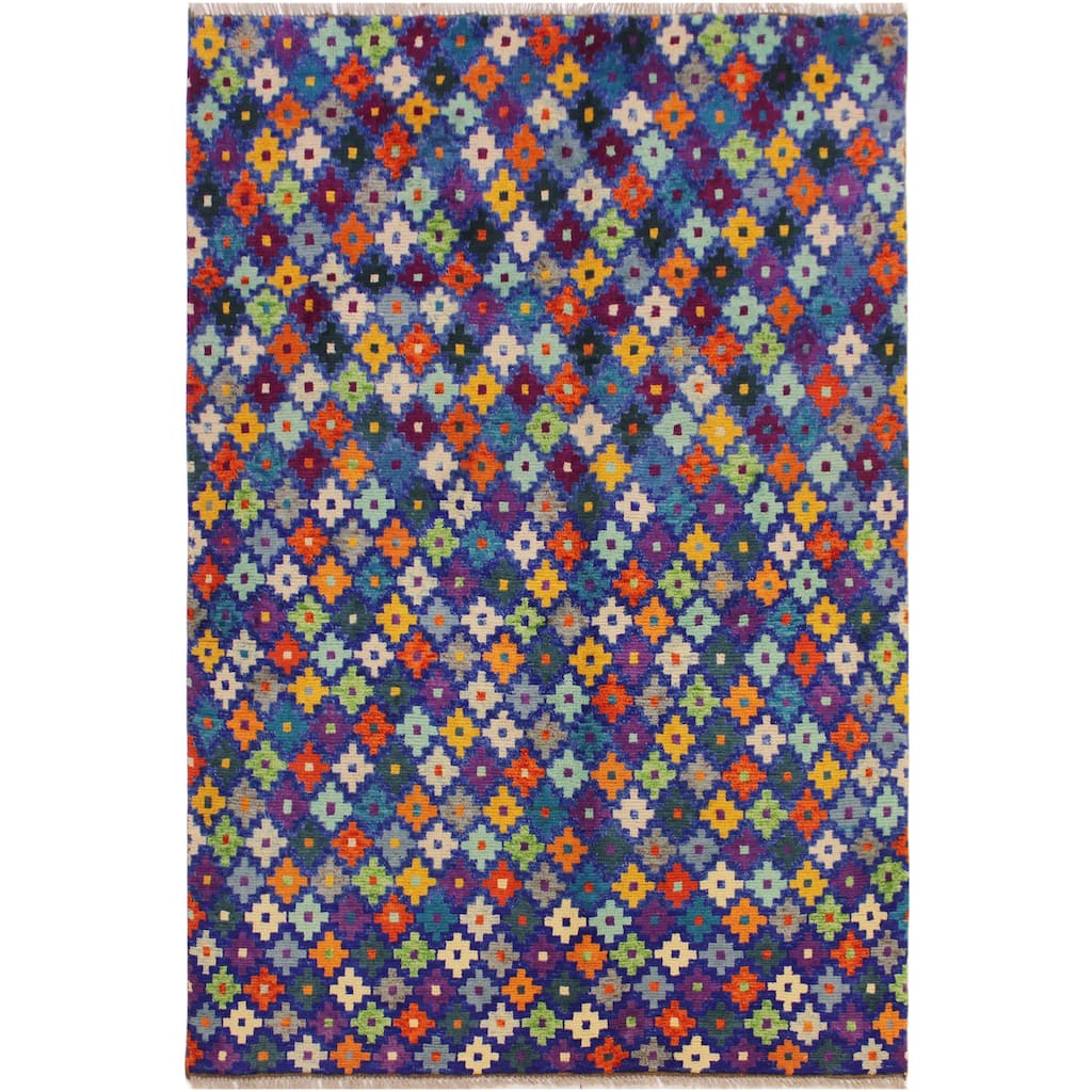 Contemporary Balochi Flowers Blue/Orange Hand Knotted Wool Rug - 4'9'' x 6'6''