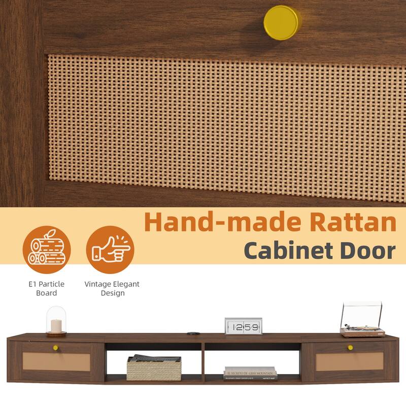 EROMMY Wall-Mounted TV Cabinet with Rattan Doors & Shelves - Floating Entertainment Center with Cable Management