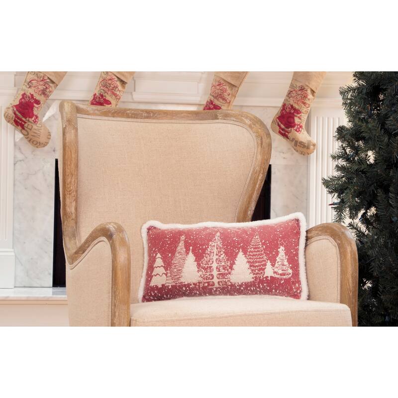 Snow Scene Printed Christmas Tree with Faux Fur Trim Christmas Pillow , 10 by 20-Inch
