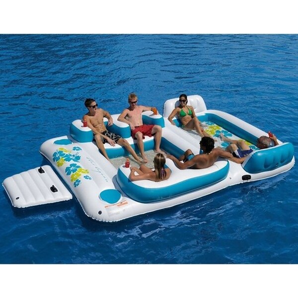 ALEKO Inflatable Floating Island Lounge Raft with Cup Holders and Coolers - Tropical Breeze - 6 Person - White and Blue. Opens flyout.