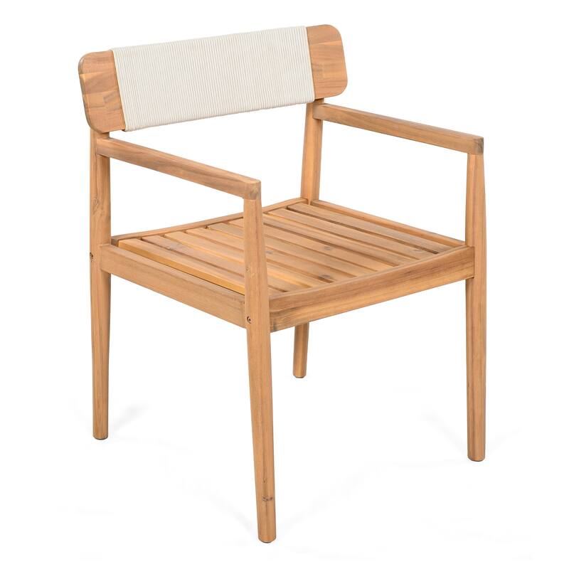 Roomfitters 4-Piece Outdoor Braided Acacia Wood Chairs Teak Look and Rope Weave Armchairs for Garden Backyard Poolside