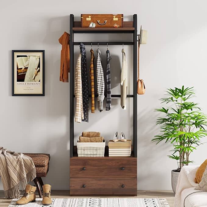 Freestanding Closet Organizer Small Clothes Rack Coat Rack with Drawers and Shelves