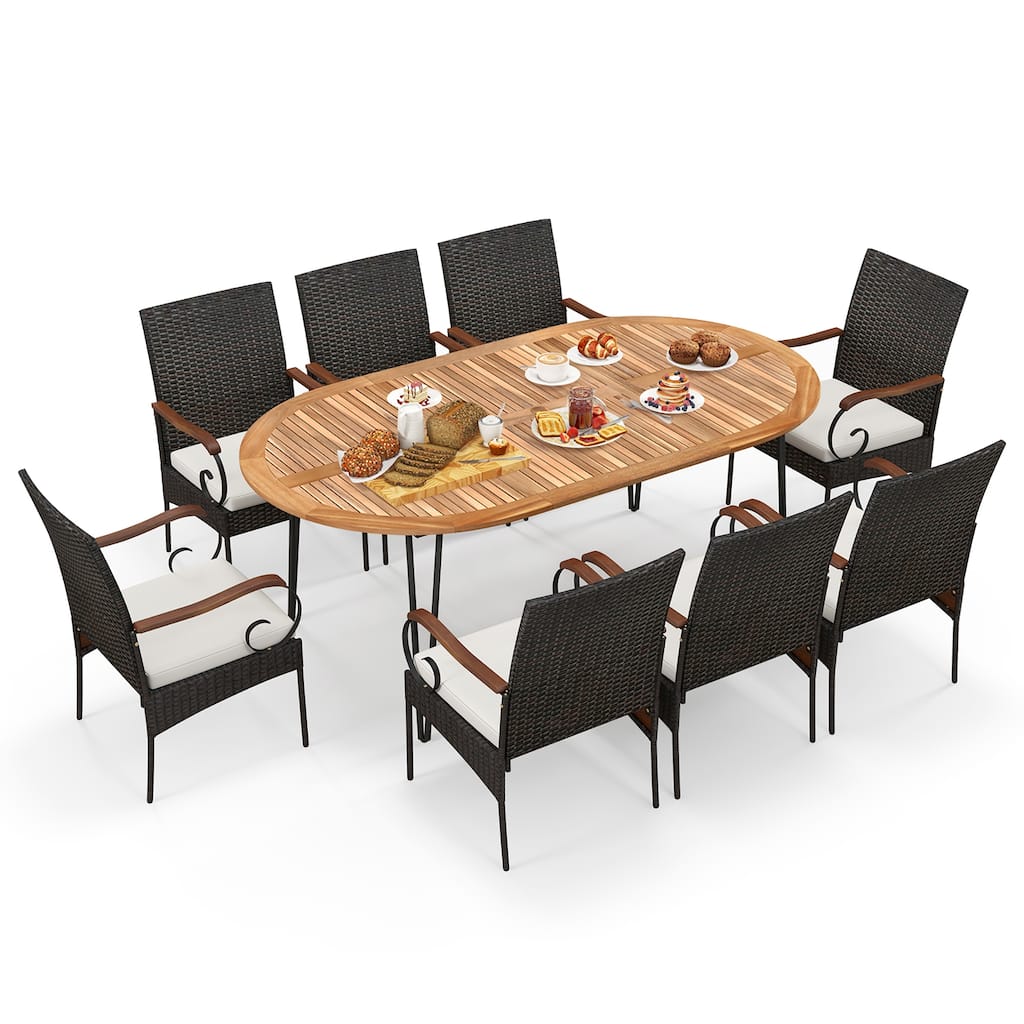 Gymax 9 PCS Acacia Wood Table & 8 Patio Wicker Armchairs Patio Rattan