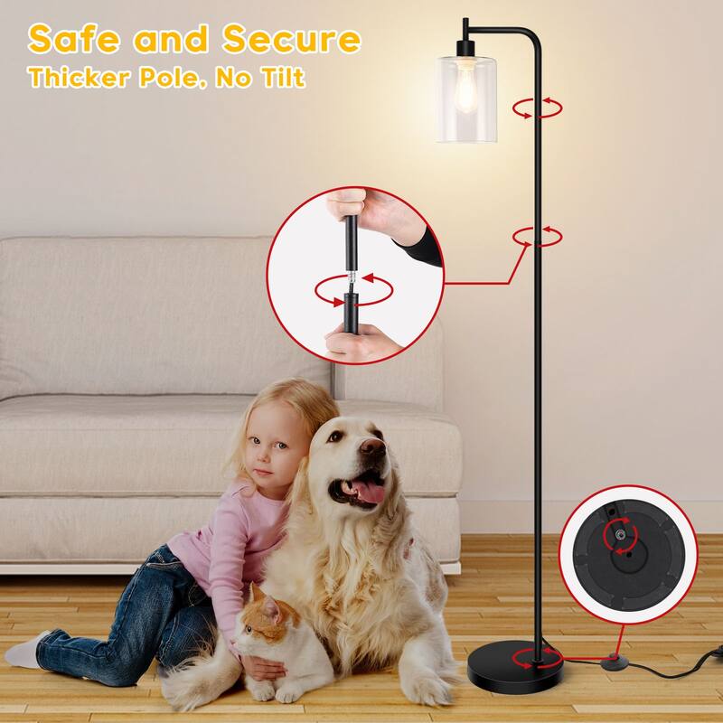 Industrial Floor Lamp, Dimmable Modern Standing Lamp with Clear Glass Shade - Black