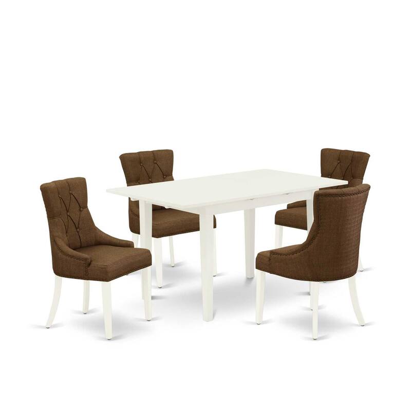HomeStock 5-Pc Linen White Finish Solid Wood Top - Rectangular Upholstered Dining Room Set with Butterfly Leaf - Seats 4