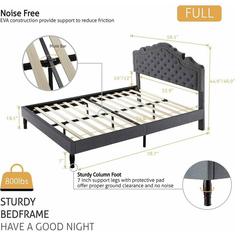 Full Bed Frame with Diamond Button Adjustable Headboard, Dark Grey