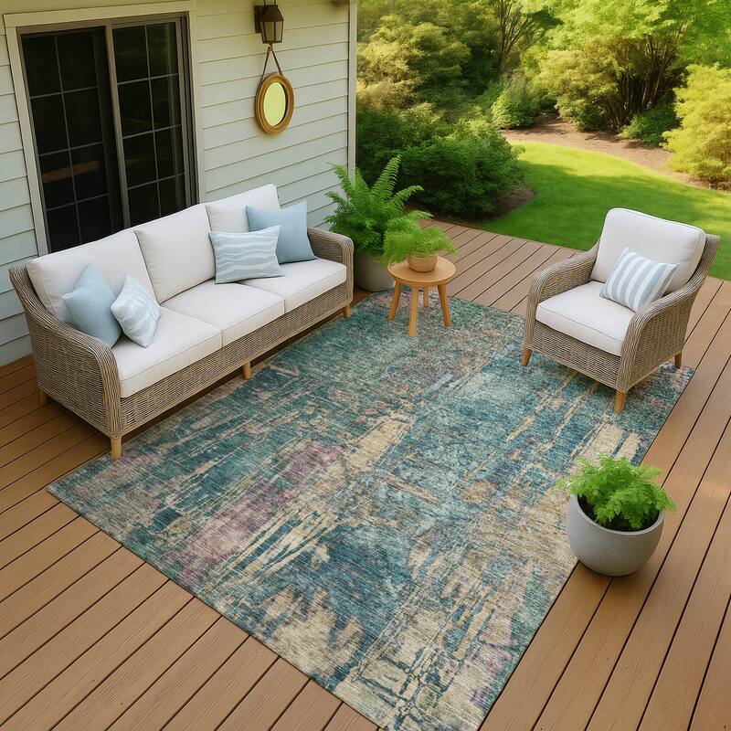 Machine Washable Indoor/ Outdoor Abstract Modern Chantille Rug - Teal - 3' x 5'