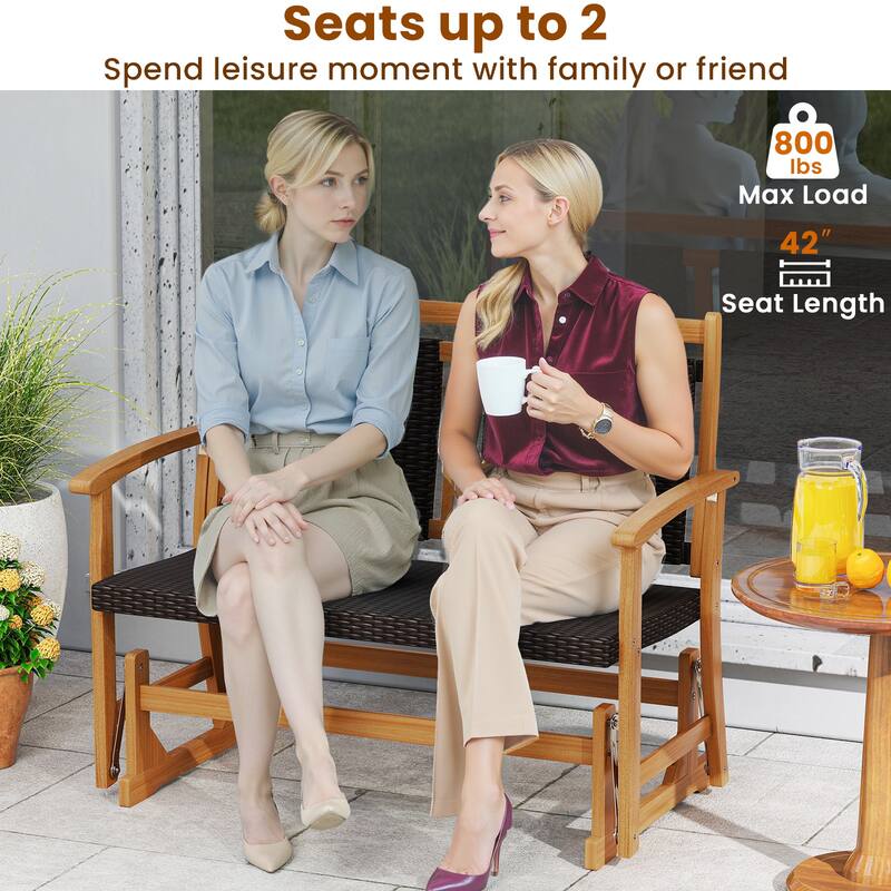 Gymax Patio Rattan Glider Bench Swing Gliding Rocker for 2 w/ Acacia