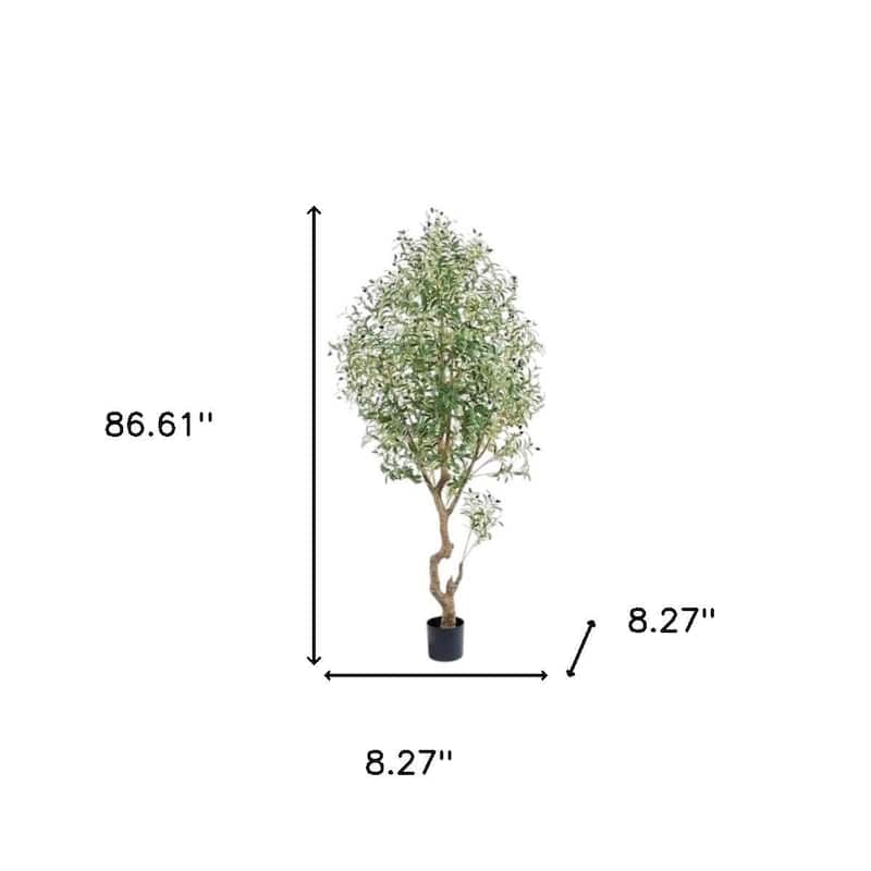 HomeRoots 87" Green Artificial Olive Tree In Cylindrical Black Cement Pot - 8.27 in. x 86.61 in. x 8.27 in.
