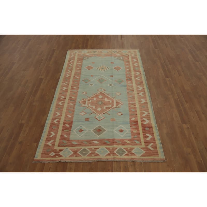 Hand Woven Southwestern Wool Blue Geometric Area Rug - 8' 2'' X 4' 9''