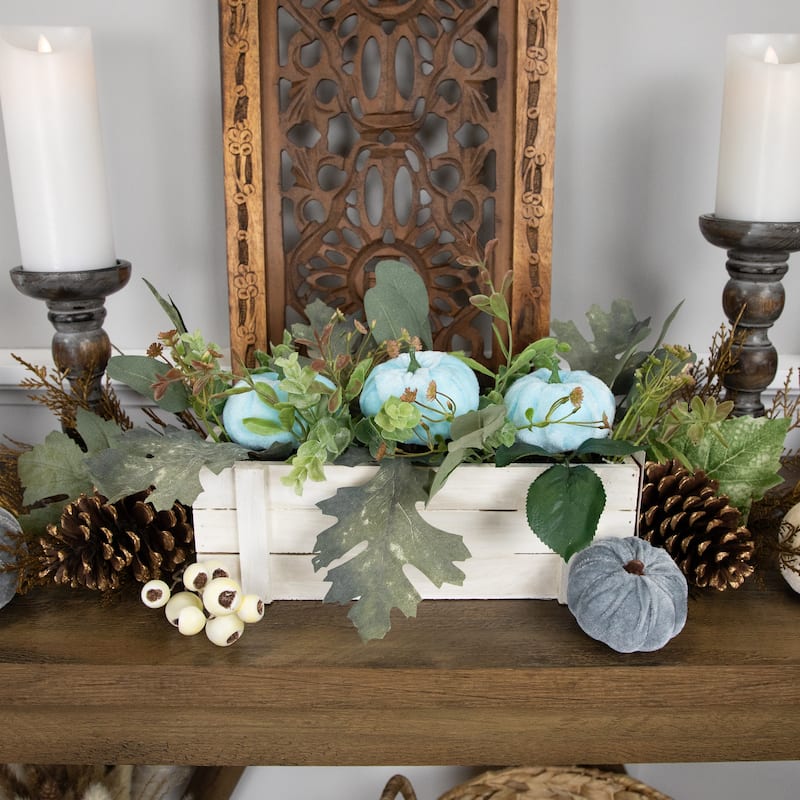 Fall Harvest Foliage and Pumpkins In Wooden Planter - 18" - Blue